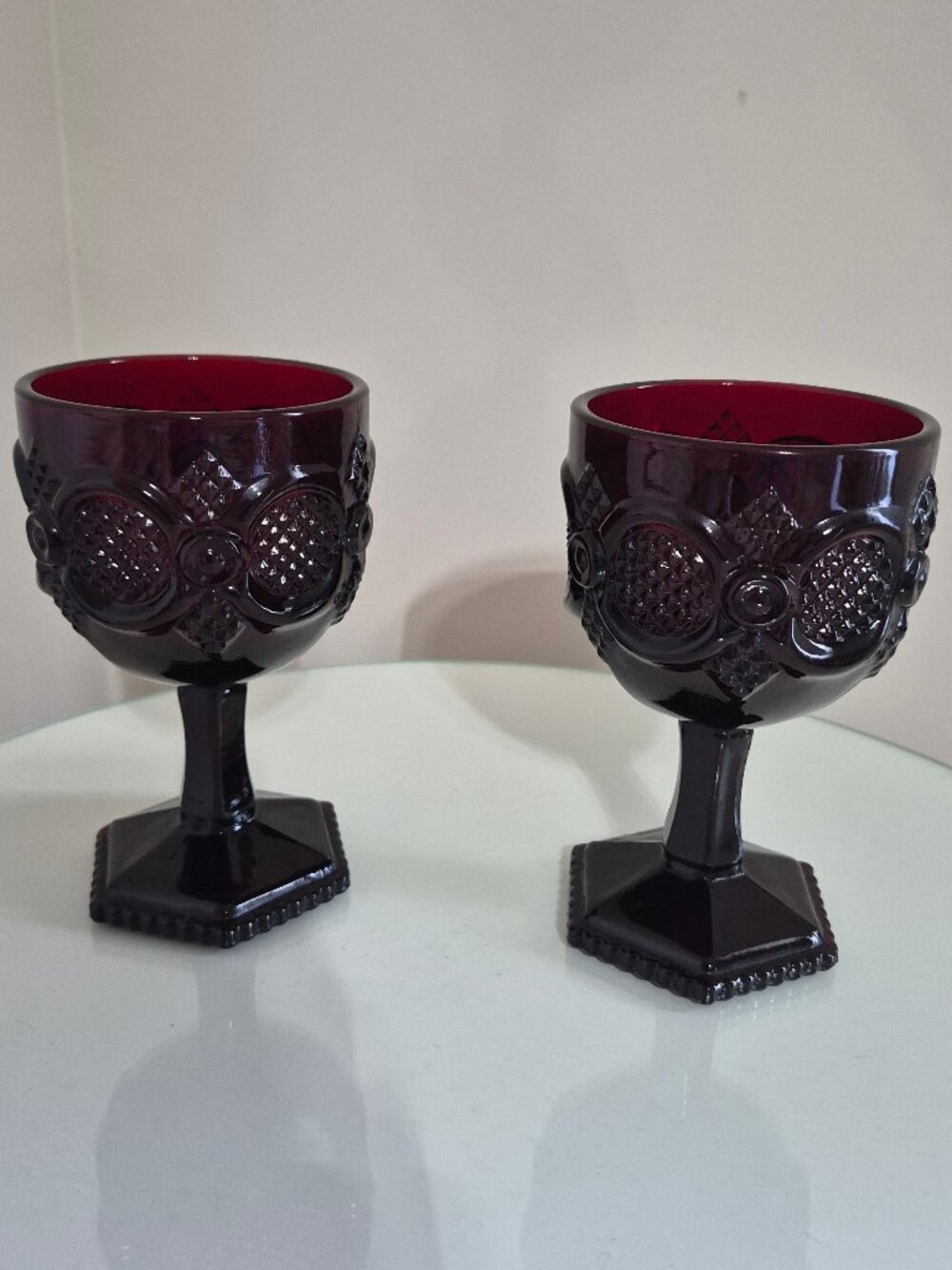 Set of 2 VTG Avon 1876 Cape Cod Ruby Red Water Goblets 10 oz 6"